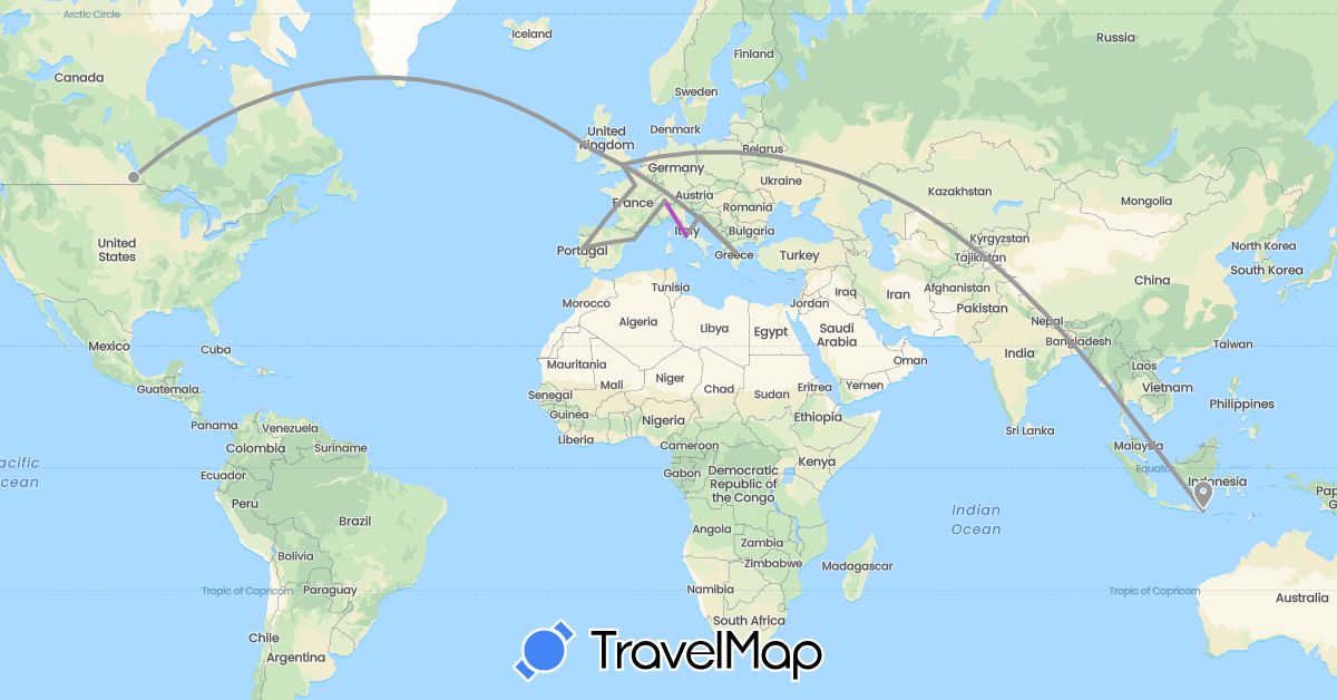 TravelMap itinerary: driving, plane, train in Canada, Switzerland, Spain, France, United Kingdom, Greece, Croatia, Indonesia, Ireland, Italy, Portugal (Asia, Europe, North America)